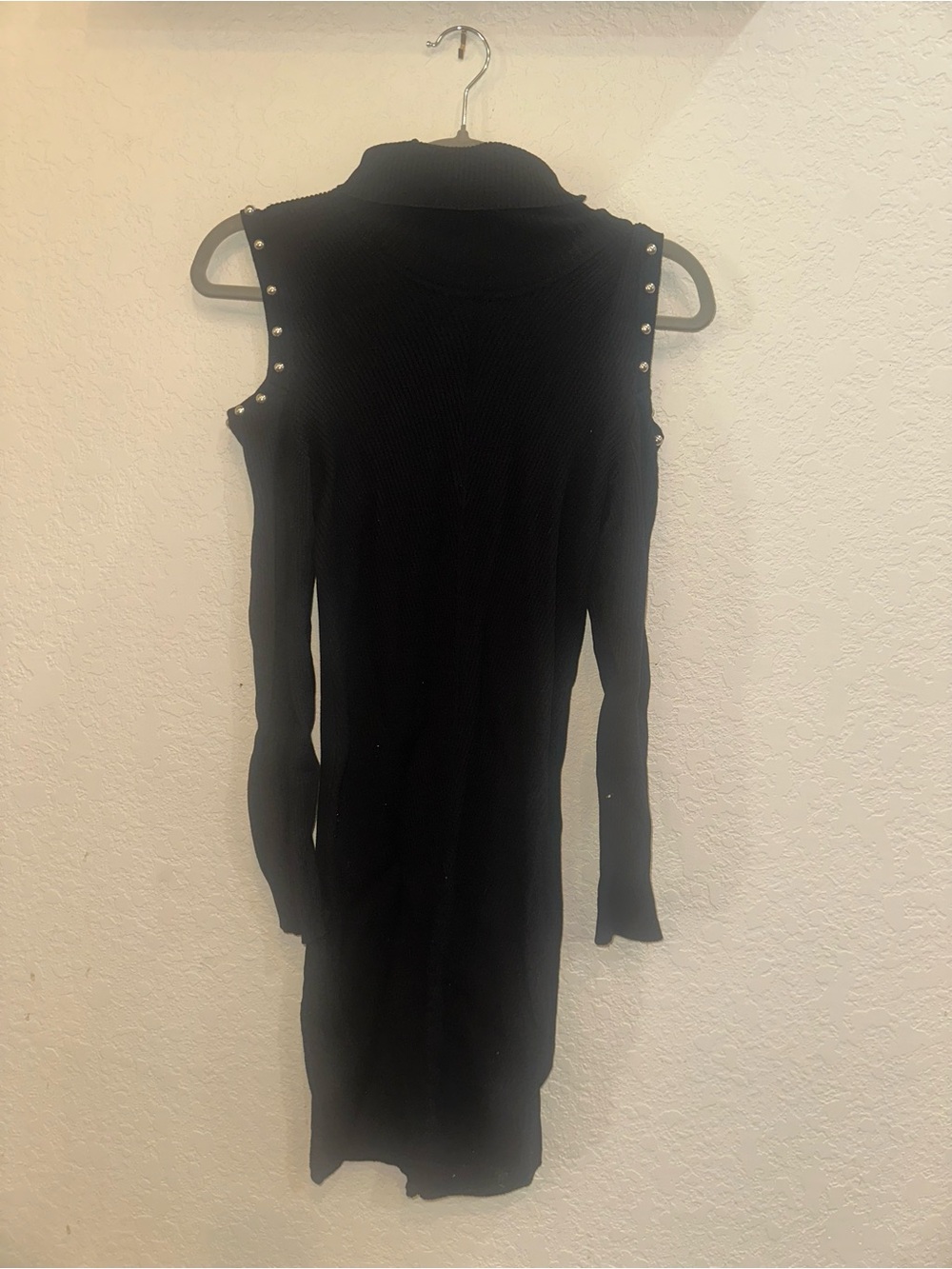 Zara Small Black Turtleneck Knit Silver Studded Cold Shoulder Midi Winter Dress